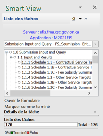 Liste des tâches EFIS dans Smart View, avec l'annexe 1.1 de M2021FIS sélectionnée